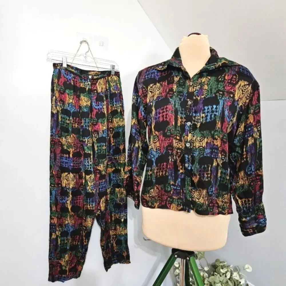 Vintage Gil Ambez Knits 2 Piece Set Abstract Tribal Shirt Pants Sz 10 Outfit Y2K